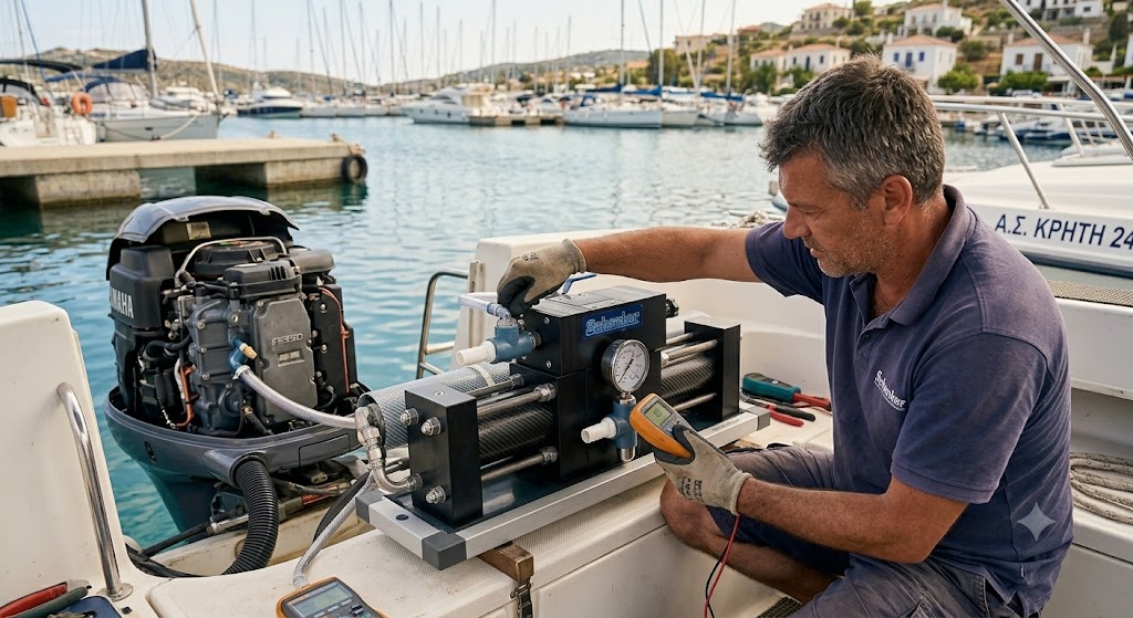 εργάτης βάζει αφαλατικό εξωλέμβιας για αφαλάτωση.